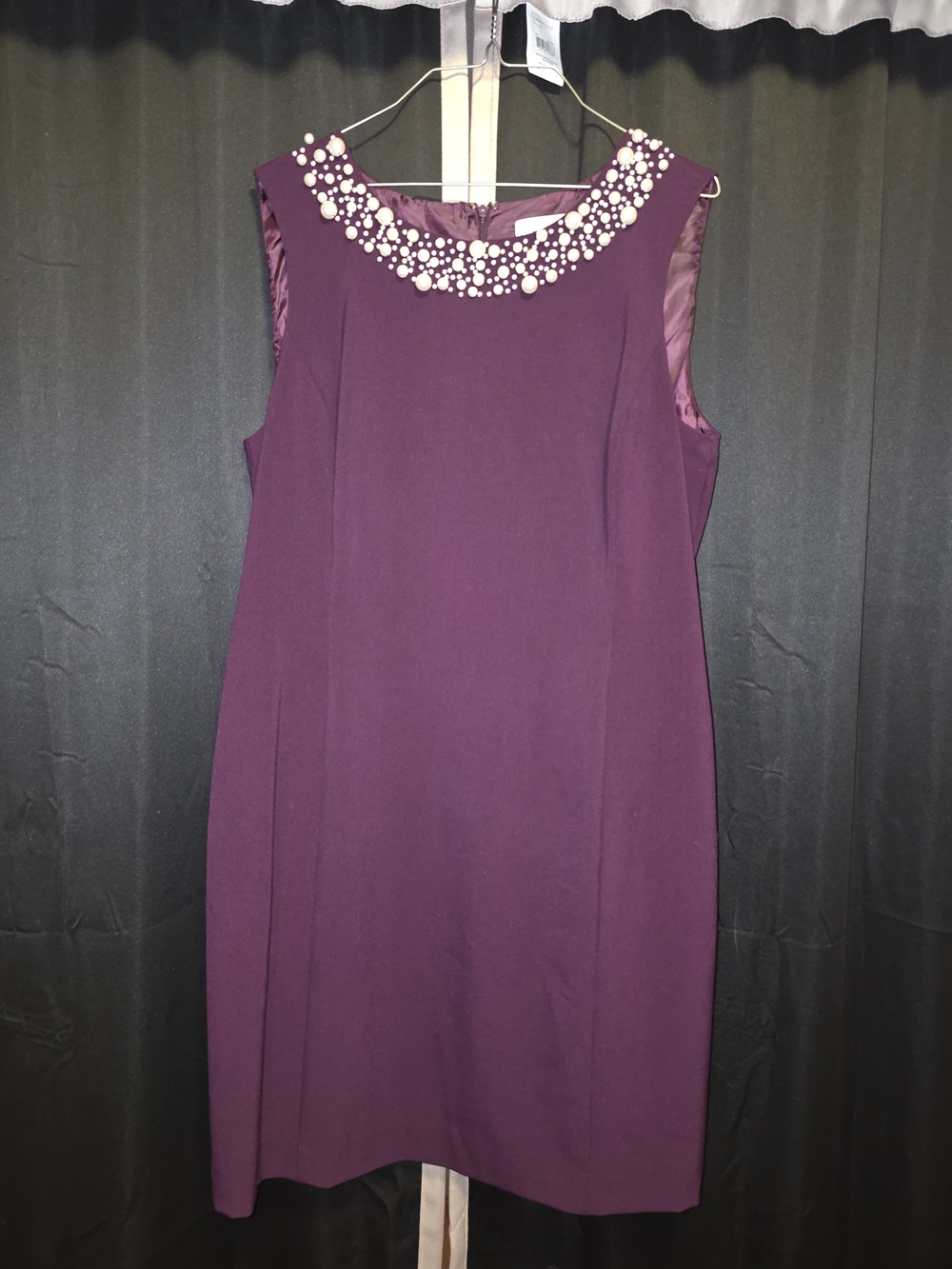 Calvin Klein Plum Sleeveless Sheath Dress with Pearl Embellished Neckline